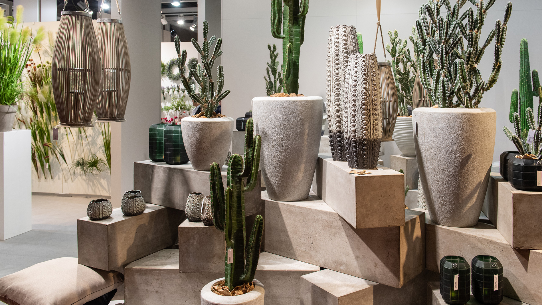 florists’ requisites: vases with artificial cactuses at the Christmasworld