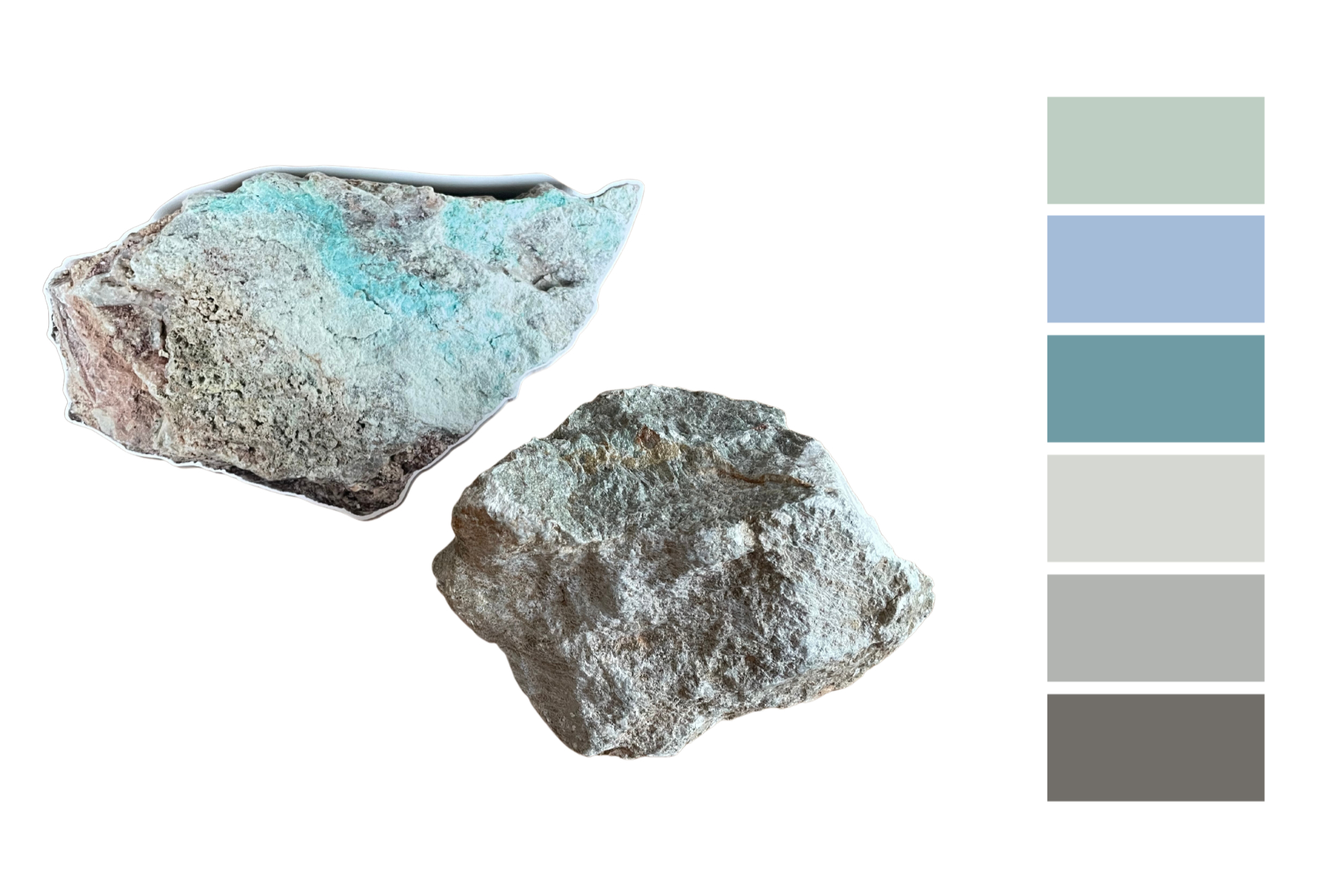 Natürliche Farbpalette: Zarte Pigmente und solide Steinschattierungen, inspiriert von der Natur.  Beginnend mit kühlen Nuancen von Flechten, Bergsee und Roh-Malachit. Bild: bora.herke.palmisano